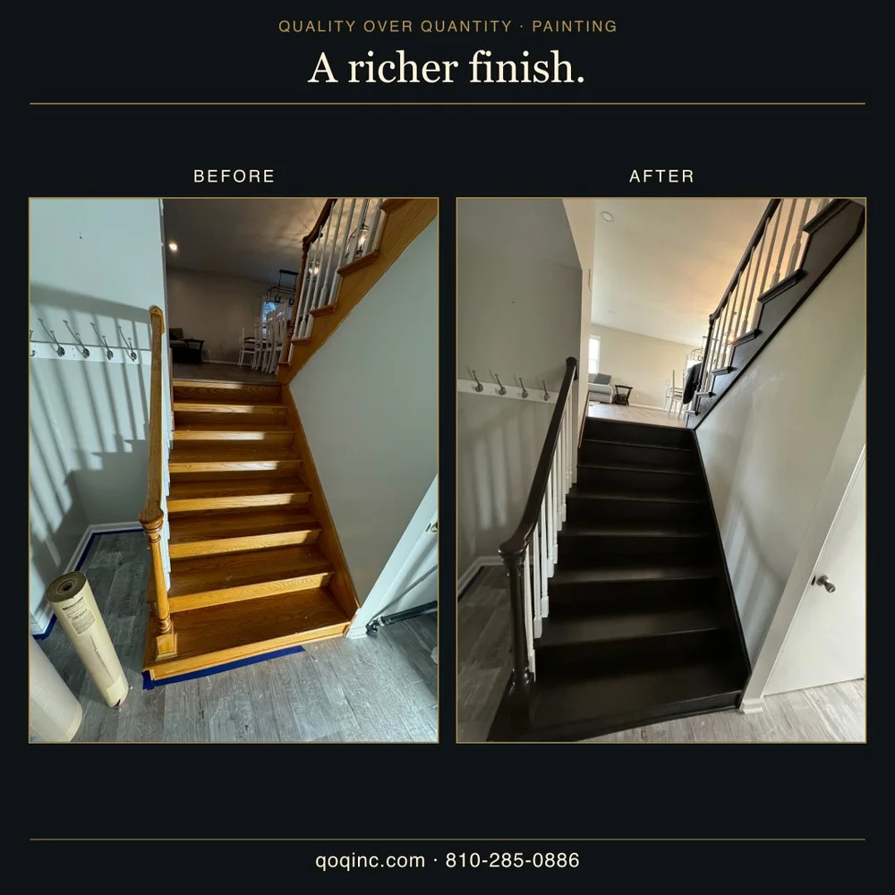 Interior staircase before with natural wood and after a dark finish on the treads and handrail with white balusters.