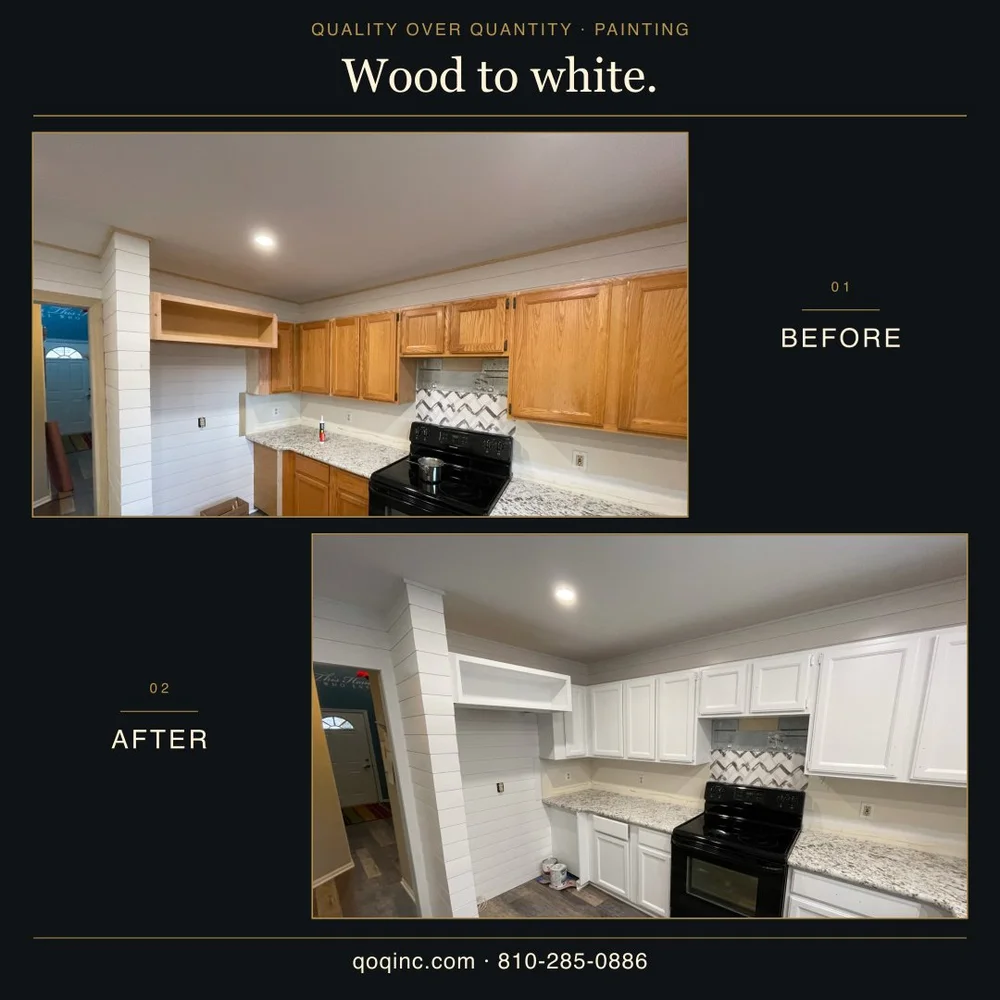 Kitchen before with natural wood cabinets and after the cabinets were painted white.