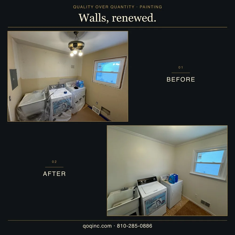 Laundry room before wall preparation and after repainting in a light neutral color with white trim.