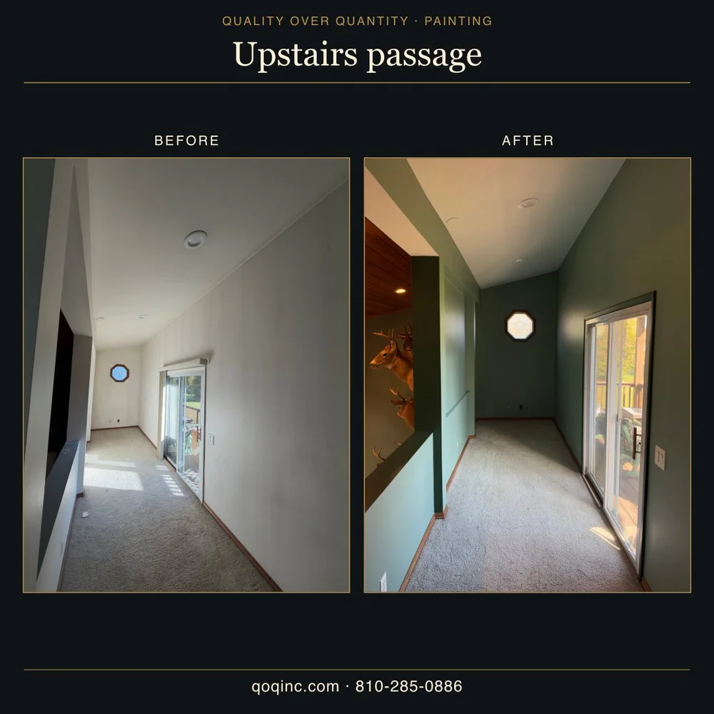 Upstairs passage before with pale walls and after repainting in deep green beside a sliding glass door.