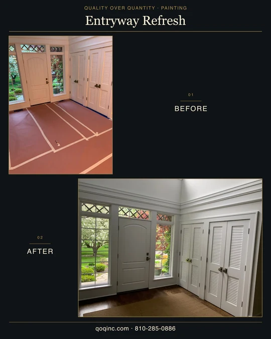 Before-and-after entryway photos showing protected floors during painting and the painted entrance and closet doors afterward