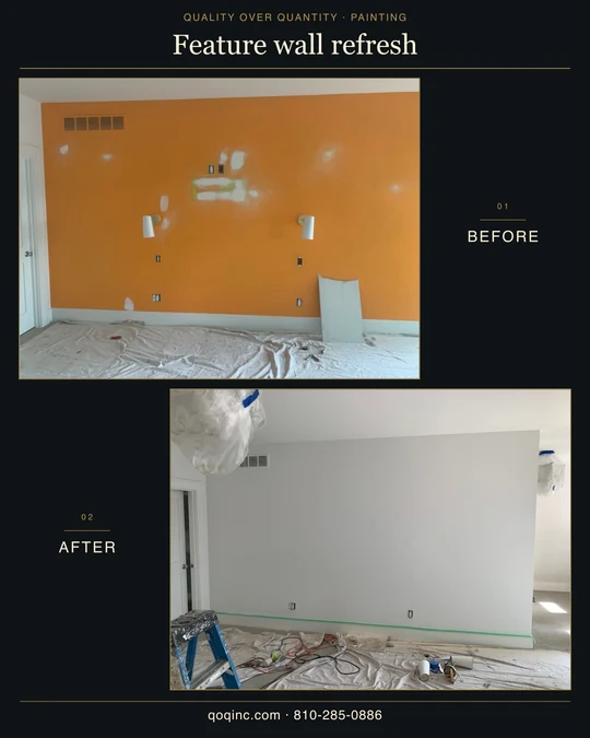 Before-and-after feature wall photos showing patched orange paint followed by a smooth pale painted finish