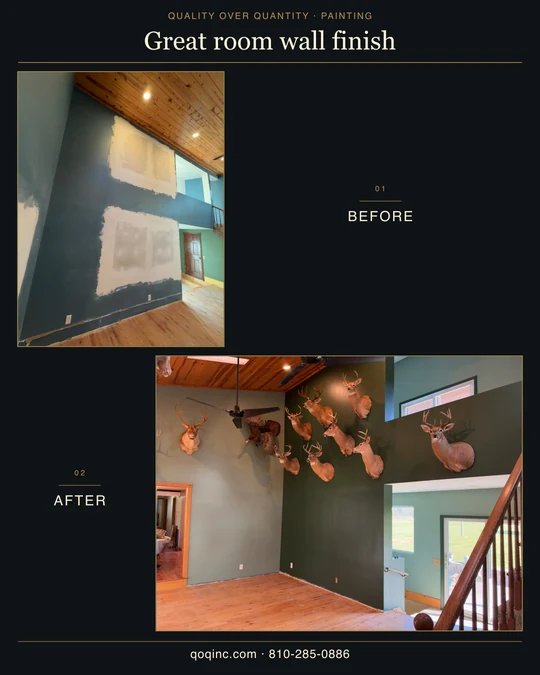 Before-and-after tall great room wall photos showing preparation patches and the finished dark green painted wall beneath a wood ceiling